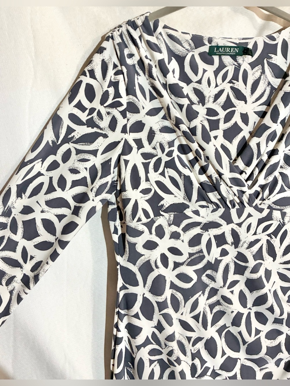 Lauren Ralph Floral Pencil Dress Sz 14 Side Gathered Empire Wedding Career LRL - Picture 11 of 12